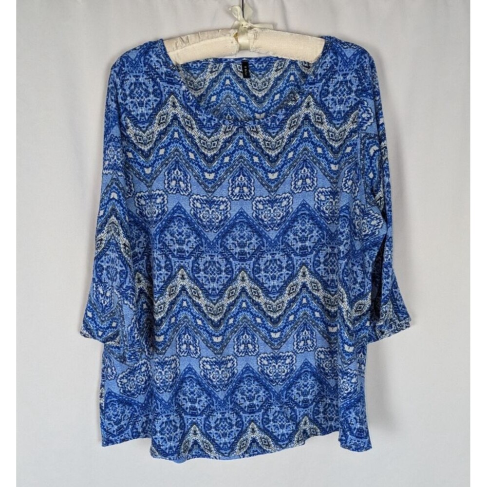 Bleeker & McDougal Blouse 1X Women's Blue Printed 3/4 Flounce Sleeve Pullover
